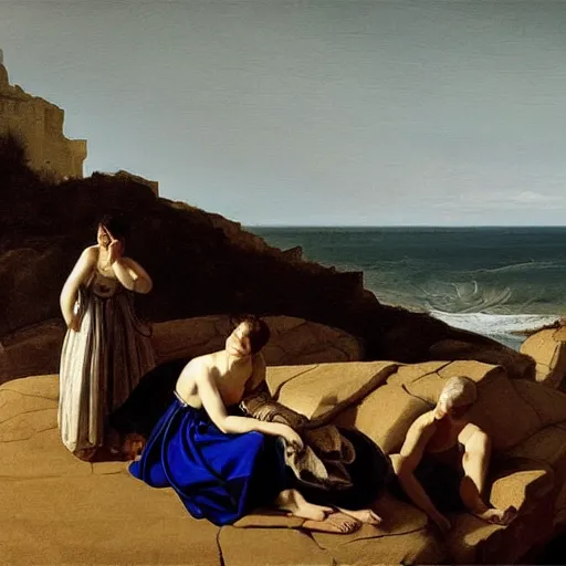 Image similar to beautiful oil matte portrait painting, people watching the stars at a portuguese cliff beach, wonderful masterpiece highly detailed, beautiful cinematic light deep focus, elegant, digital painting, smooth, sharp focus, golden ratio, dramatic illumination, ultra realistic, 8 k, art by artemisia lomi gentileschi and caravaggio