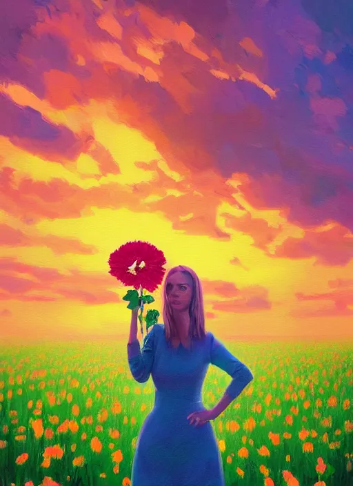 Image similar to portrait of a woman with a giant carnation as a face, flower field, surreal photography, sunset dramatic light, impressionist painting, colorful clouds, blue sky, digital painting, artstation, simon stalenhag