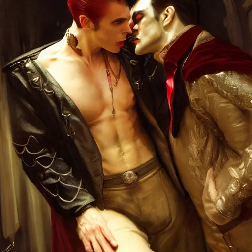 Image similar to attractive male, arthur pendragon confesses his love to attractive male dracula the vampire. highly detailed painting by gaston bussiere, craig mullins, j. c. leyendecker 8 k