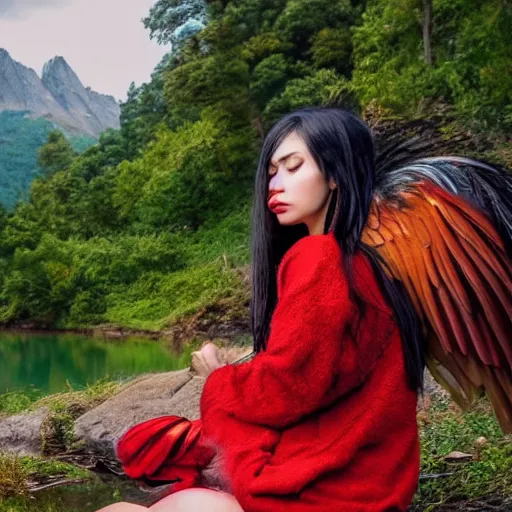 Image similar to harpy, red feathered wings, young woman, wearing Inka clothes, sad expression, sitting at a pond, mountainous area, trees in the background, trending on artstation