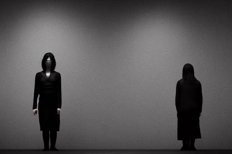 Image similar to a creepy woman wearing all black, standing in a dark, eerie room, melancholic, dreary, sinister, 3D render,