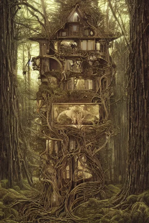 Image similar to a house in the forest by h. r giger, intricate, miles johnston, kuroda seiki, cynical realism, ozabu, john william godward, painterly, yoshitaka amano, moebius, miles johnston, louise zhang, james jean, mark ryden