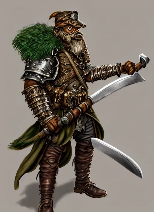 Image similar to strong young man, photorealistic bugbear ranger holding a flaming sword, black beard, dungeons and dragons, pathfinder, roleplaying game art, hunters gear, jeweled ornate leather and steel armour, concept art, character design on white background, by alan lee, norman rockwell, makoto shinkai, kim jung giu, poster art, colours red and green