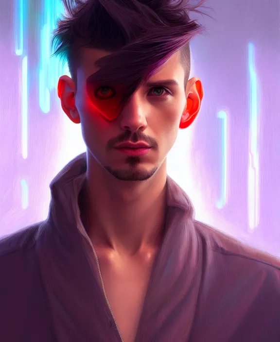 Image similar to a whirlwind inside the metaverse, guy, male, man, machine face, fashionable haircut, piercing, half body, neurochip, android, cyberpunk face, by loish, d & d, fantasy, intricate, elegant, highly detailed, colorful, digital painting, artstation, concept art, art by artgerm and greg rutkowski and alphonse mucha