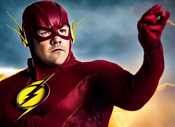 Prompt: film still of jack black as the flash in the new flash movie, 4 k