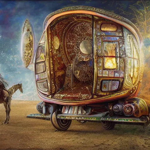 Image similar to a futuristic neo - gypsy caravan, decorated polished wood, lace and velvet and silk material, volume light, hyper realistic highly detailed 4 k by karol bak