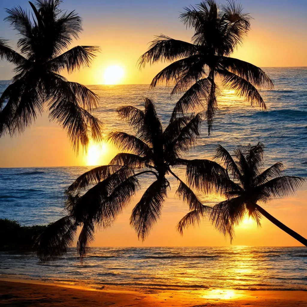 Prompt: Umbrella on a tropical beach, blue water waves crashing on the beach, palm tree, sunset