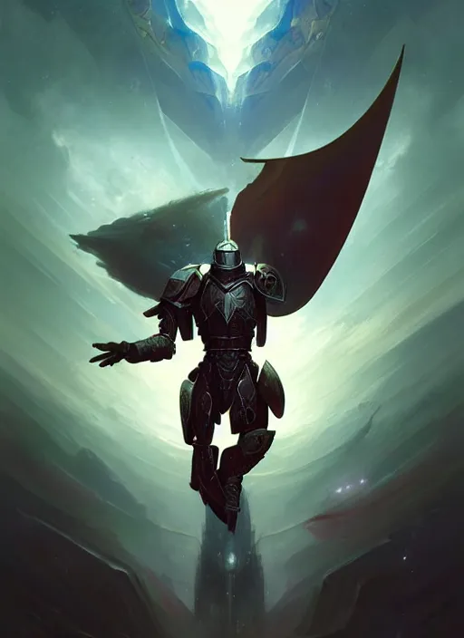 Image similar to symmetry, armored knight flying toward the sky, epic wide 2 8 mm, photorealistic, cinematography by ridley scott, highly detailed, high contrast, light reflection, nebula, trending on art station by artgem, by alex ross, by peter mohrbacher, by wlop, by ruan jia