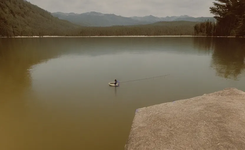 Image similar to cinematic still screenshot detailed photo of a moody lake with a rope floating in the center, shot by saul leiter, camera height 7 feet, moody cinematography, 2 4 mm anamorphic lens