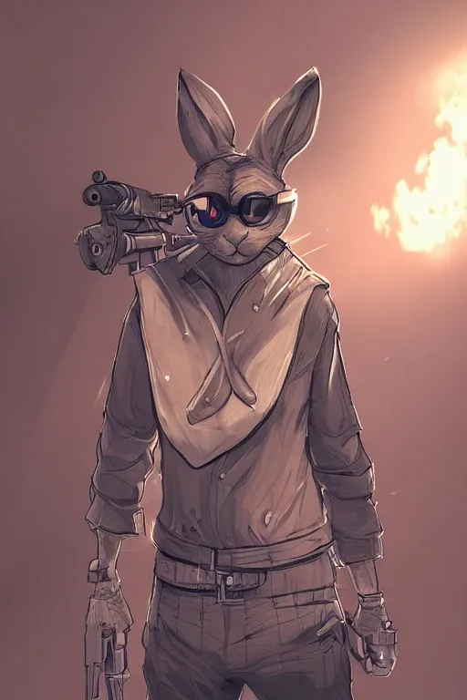 Image similar to rabbit as a hitman, dynamic lighting, fantasy concept art, trending on art station, stunning visuals, creative, cinematic, ultra detailed, comic strip style