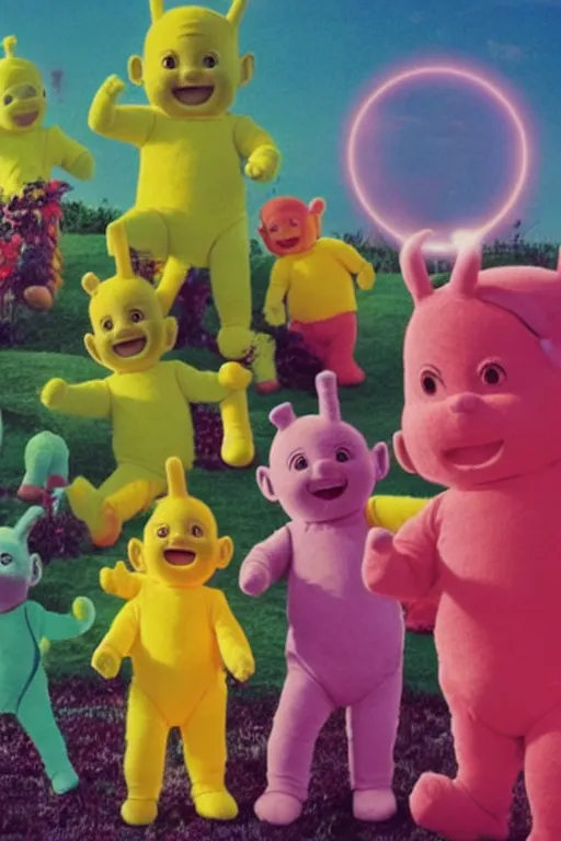 Prompt: Teletubbies gathered in a circle and evoke Satan, VHS effect, old tube TV screen, realistic materials, attention to detail, detailed depth of field, high-quality composition