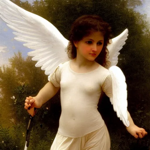 Prompt: a young angel wearing rollerblades, oil on canvas painted by William-Adolphe Bouguereau