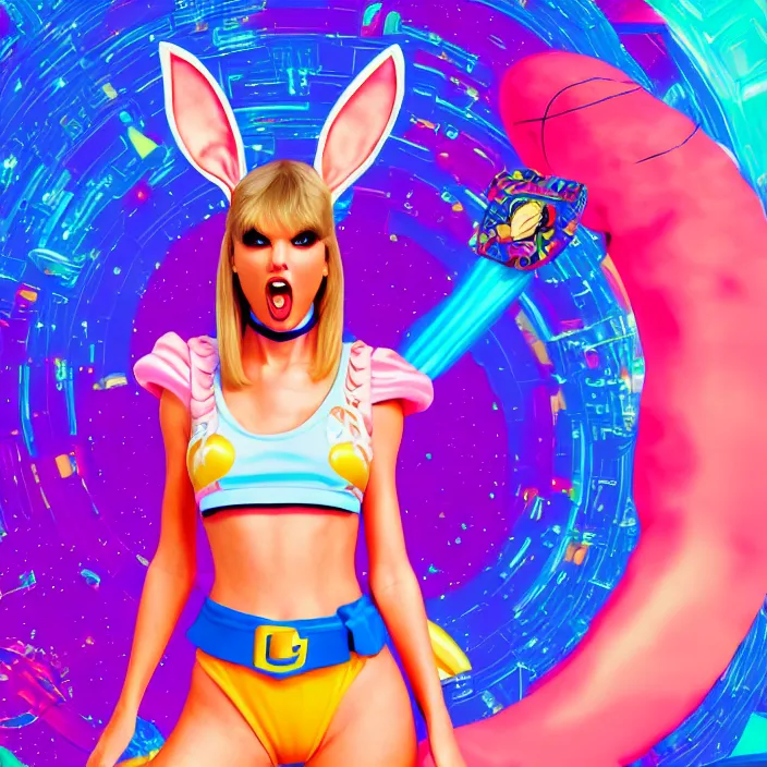 Prompt: portrait of Taylor Swift as Lola Bunny in Space Jam 1996. bunny ears. intricate abstract. intricate artwork. by Tooth Wu, wlop, beeple, dan mumford. octane render, trending on artstation, greg rutkowski very coherent symmetrical artwork. cinematic, hyper realism, high detail, octane render, 8k