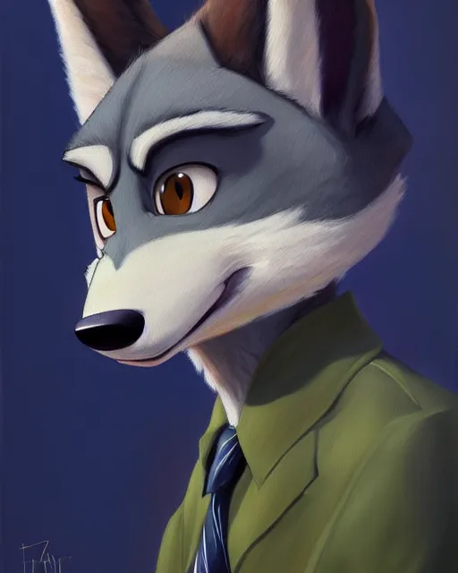 Image similar to oil painting of anthromorphic female wolf, in style of zootopia, female fursona, furry, furaffinity, 4 k, deviantart, furry art, fursona art, wearing black business suit, business suit, wolf fursona, female, smug expression,