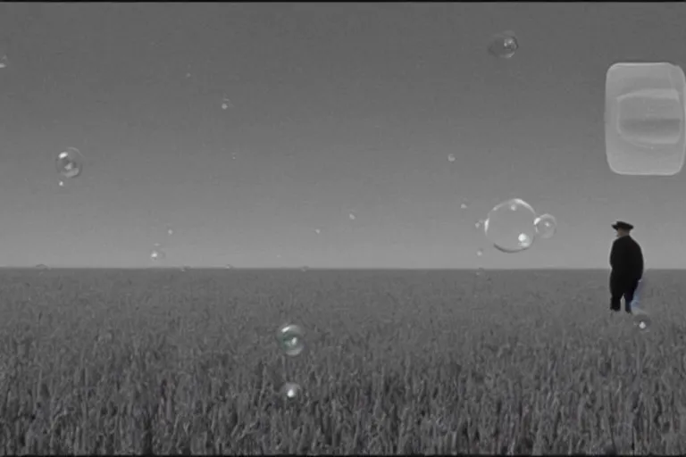 Prompt: an old man in a field looking at multiverse bubbles in the sky, scene from a stanley kubrick movie