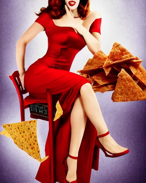 Image similar to Jessica Rabbit wearing red dress eating a bag of Doritos, sitting on a chair, photograph