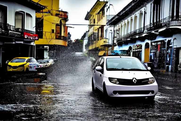 Prompt: street photography by saul leiter in a wet ecuador high quality street, award winning photo of an ultra detailed dirty high quality!! renault logan sandero customized!! car speeding very fast on water, fast shutter speed, motion blur, tiny gaussian blur, highly detailed, highly intricate, depth of field, trending on top gear