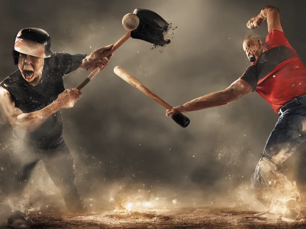 Prompt: man smashing a computer with baseball bat, highly detailed, mostly realistic, low bottom up view angle, dramatic evening lighting