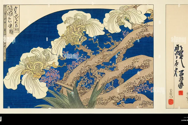 Image similar to a beautiful and hyperdetailed ukiyo - e drawing of a composition with tangled irises by katsushika hokusai, in style by utagawa kuniyoshi and utagawa hiroshige, japanese print art, intricate, elegant, complex, illustration, clean 4 k