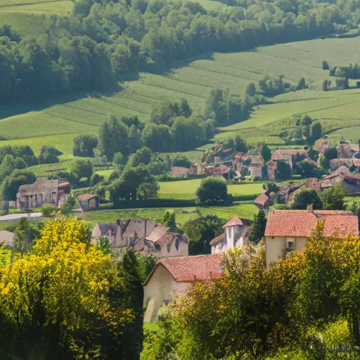 Prompt: dordogne typical landscape, little houses on the hills in the background, summer, river, ultra details, ultra sharp, award winning. 8 k, flowers