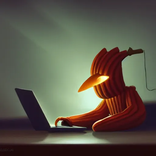 Image similar to anthropomorphic corn cob typing on his laptop in a dark room, face illuminated, hyperrealistic, artstation, 8 k, concept art, very detailed, hd, digital painting, dramatic lighting