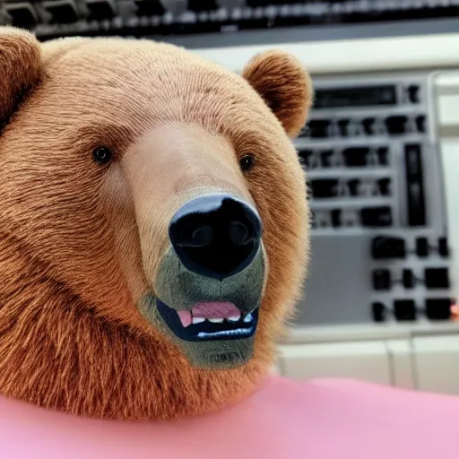 Image similar to A bear sitting in front of a 90s compute, cute, pastel, bubbly