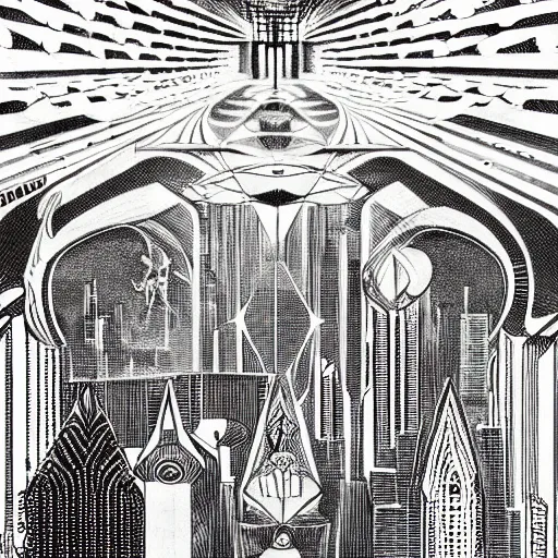 Prompt: black and white art deco style ink drawing of detailed of hyper portal, highly detailed, Nigredo, dark enlightenment, alchemy, Art deco, Vibrant volumetric natural light In style of Josan Gonzalez and Mike Winkelmann and andgreg rutkowski and alphonse muchaand and Caspar David Friedrich and Stephen Hickman and James Gurney and Hiromasa Ogura.