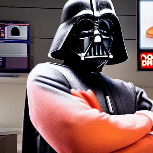 Image similar to darth vador working at dunkin donuts , 8k cinematic lighting, very sharp detail, anatomically correct