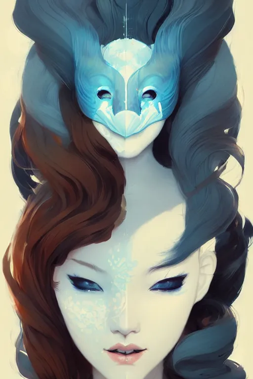 Image similar to beautiful artistic - wave highly detailed portrait female, with kitsune mask, long red hair, by atey ghailan, by greg rutkowski, by greg tocchini, by james gilleard, by joe fenton, by kaethe butcher, dynamic lighting, gradient light blue, brown, blonde cream and white color scheme, grunge aesthetic