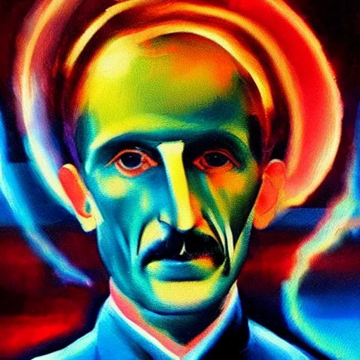 Prompt: an abstract painting of Nikola Tesla, lightning in the background, crazy