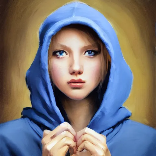 Image similar to greg manchess portrait of a beautiful teen girl with blonde hair, wearing a blue hoodie, medium shot, asymmetrical, swedish, sticker, profile picture, organic painting, matte painting, bold shapes, hard edges, street art, trending on artstation, by huang guangjian and gil elvgren and sachin teng and wlop and rossdraws and greg rutkowski