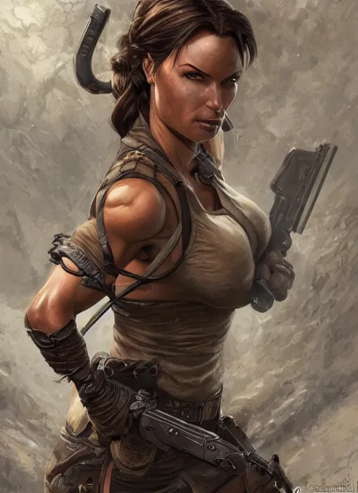 Image similar to muscled Lara Croft grinning as a ruggedly handsome heroine, intricate, elegant, highly detailed, centered, artstation, concept art, smooth, sharp focus, illustration, bokeh art by artgerm and donato giancola and Joseph Christian Leyendecker, WLOP