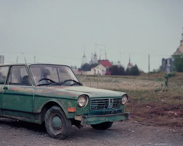 Image similar to a lomographic photo of old lada 2 1 0 7 concept car standing in typical soviet yard in small town, hrushevka on background, cinestill, bokeh