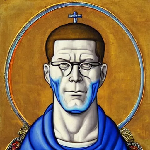 Prompt: hank hill as the god of propane, white tshirt, blue jeans, surrounded by blue fire and blue flames, renaissance religious painting, late gothic religious paintings, byzantine religious art, painting by duccio di buoninsegna and carlo crivelli, trending on artstation