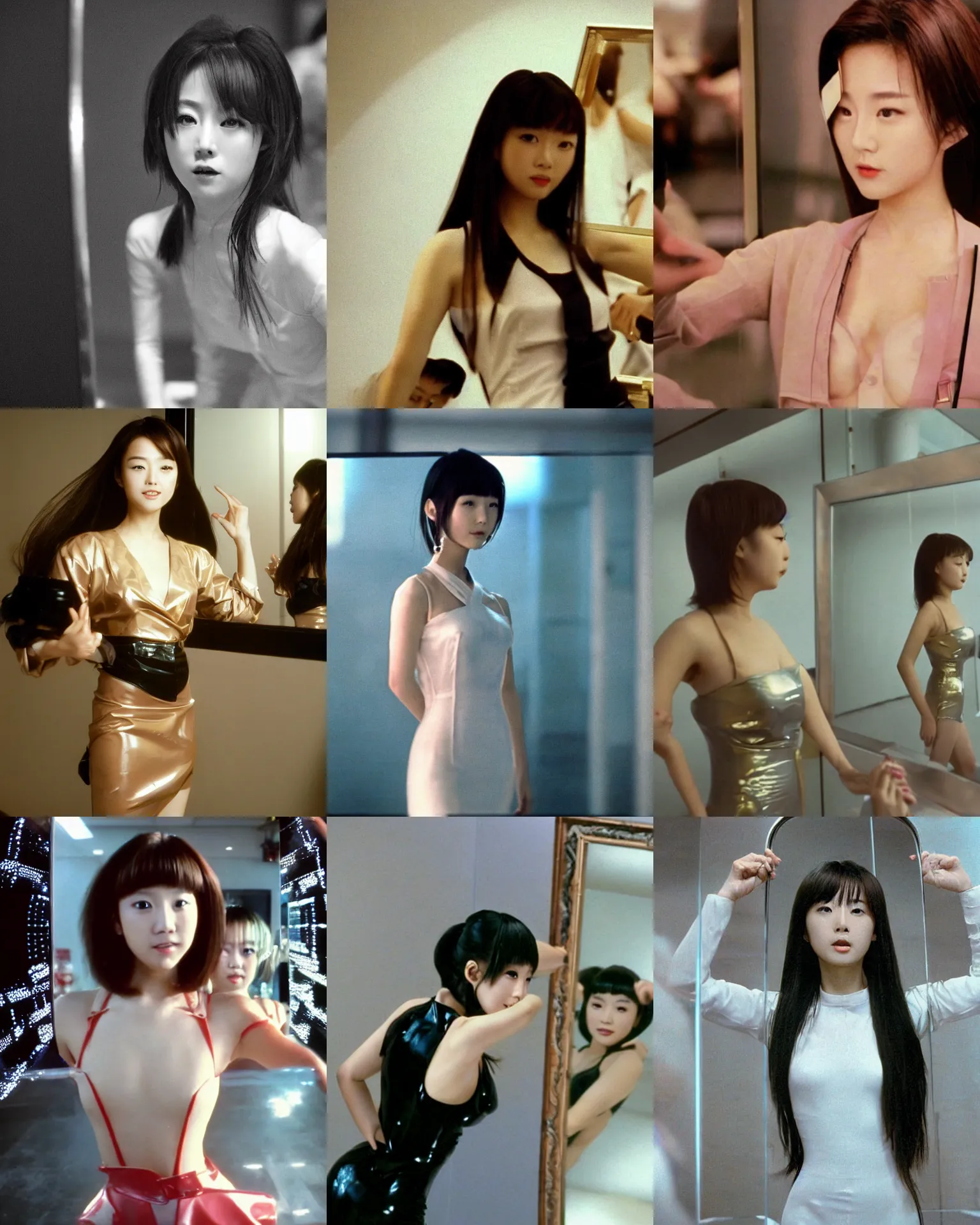 Prompt: Worksafe,clothed.1990s,unbelievably beautiful,perfect,dynamic,epic,cinematic movie shot of a close-up japanese beautiful cute young J-Pop idol actress girl in latex dress,reflected in giant mirror,expressing joy and posing.By a Chinese movie director.Motion,VFX,Inspirational arthouse,high budget,hollywood style,at Behance,at Netflix,Instagram filters,Photoshop,Adobe Lightroom,Adobe After Effects,taken with polaroid kodak portra