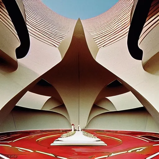 Image similar to interior of a futuristic lotus temple with gold, red and white marble panels, in the desert, by buckminster fuller and syd mead, intricate contemporary architecture, photo journalism, photography, cinematic, national geographic photoshoot