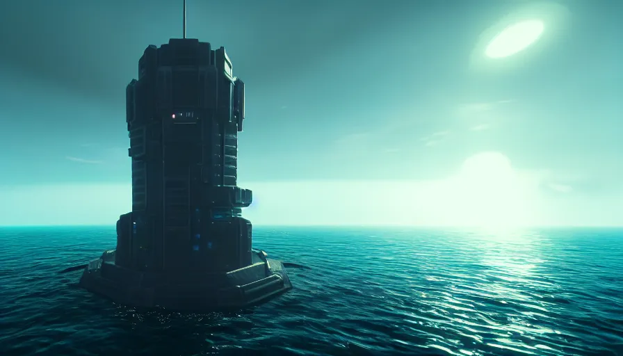 Image similar to a island in the middle of the ocean with a large cyberpunk tower on it, octane, redshift, volumetric lighting, reflections