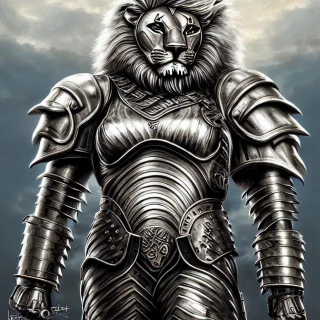 Prompt: warrior with metal lion armour, highly detailed, 4 k, hdr, smooth, sharp focus, high resolution, award - winning photo, artgerm, photorealistic