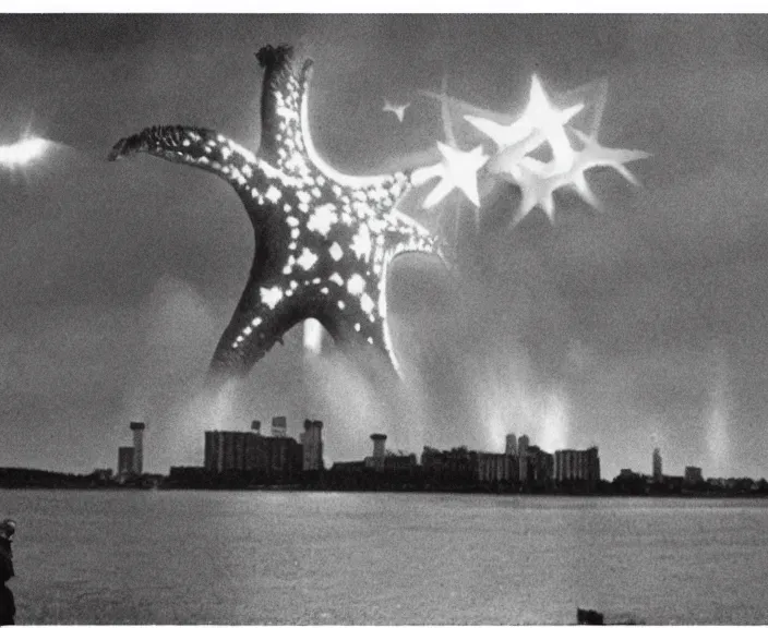 Image similar to Pulgasari the North Korean starfish monster destroying Pyongyang city, volumetric lighting, filmstill, produced by Kim Jong-il, Kodachrome, kaiju-eiga, monster movie, communist propaganda, film noir, 35mm film grain, Cooke Varotal 20-100mm T3.1, in the style of Ishirō Honda and Stanley Kubrick