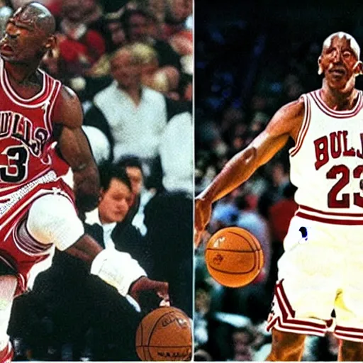 Image similar to frodo baggins blocking michael jordan, nba