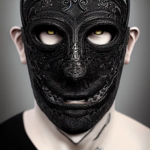 Image similar to man wearing black fabric mask, character art portrait, deviantart artstation, intricate details, eerie, highly detailed, photorealistic, octane render, 8 k, unreal engine by artgerm