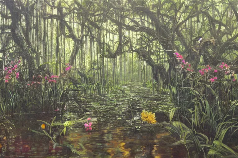 Image similar to hyperrealism oil painting, scene from louisiana swamps, spaceship sank, spring blooming flowers garden, true detective, artwork 8 0 s japanese sci - fi books art