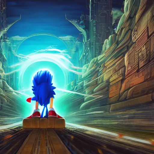 Image similar to the second coming of sonic the hedgehog by dan mumford, yusuke murata, makoto shinkai, ross tran, cosmic, heavenly, god rays, intricate detail, cinematic, 8 k, cel shaded, unreal engine, featured on artstation, pixiv