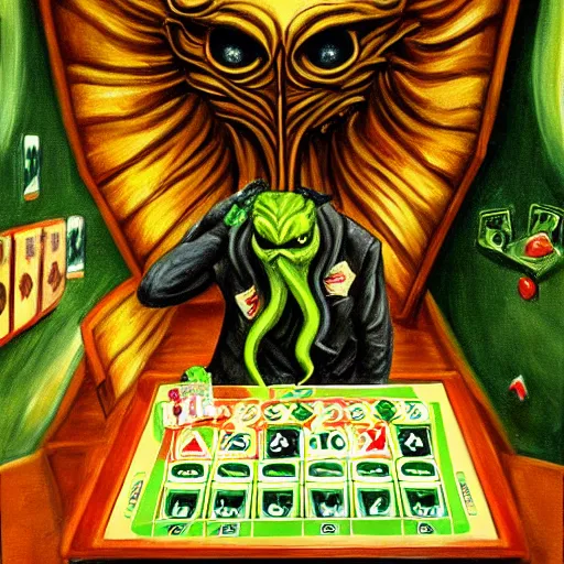 Image similar to cthulhu playing in a casino, realistic painting