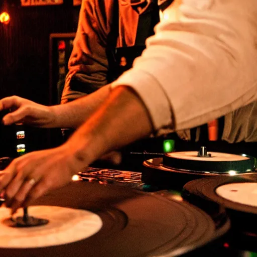 Image similar to in a night club, a disc jockey is scratching with an Israeli pita bread on a turntable