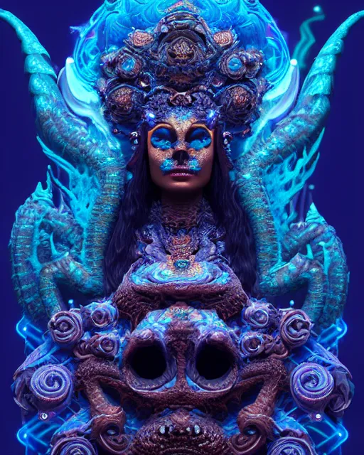 Image similar to 3 d ornate carved dark cosmic goddess with profile portrait, sigma 5 0 0 mm f / 5. beautiful intricate highly detailed quetzalcoatl skull. bioluminescent, plasma, lava, ice, water, wind, creature, thunderstorm! artwork by tooth wu and wlop and beeple and greg rutkowski, 8 k trending on artstation