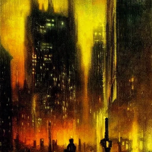 Prompt: cyberpunk city at night with silhouette figure in foreground. Turner painting 1910