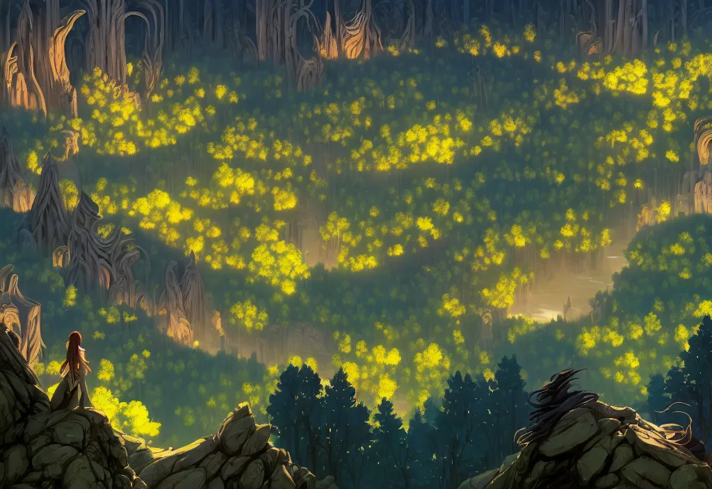 Image similar to high view of the background of a forest that has an endless pit in the bottom of the image, stylised painting, visible brush strokes, forest, medieval architecture, dynamic lighting, aesthetics, smooth, d & d, fantasy, asymmetrical, intricate, elegant, matte painting, by makoto shinkai borderlands and by feng zhu rossdraws, fan art, cartoon style