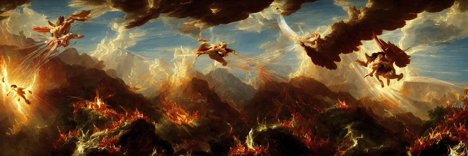 Image similar to an epic thomas cole naturalist style painting of icarus crashing and burning his chariot