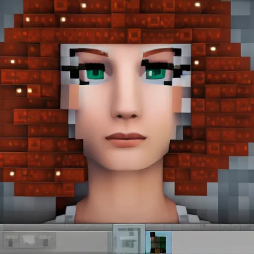 Prompt: redhead woman, inside minecraft game, closeup